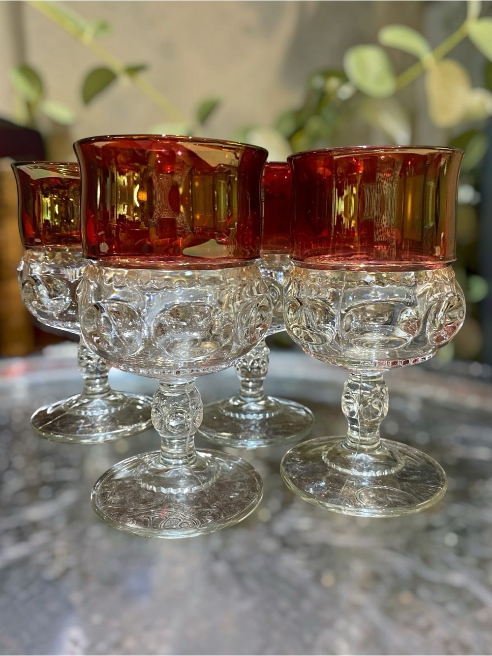 Vintage Set 4 Tiffin Kings Crown Ruby Red Thumbprint Goblet 5.75”h Water Wine
